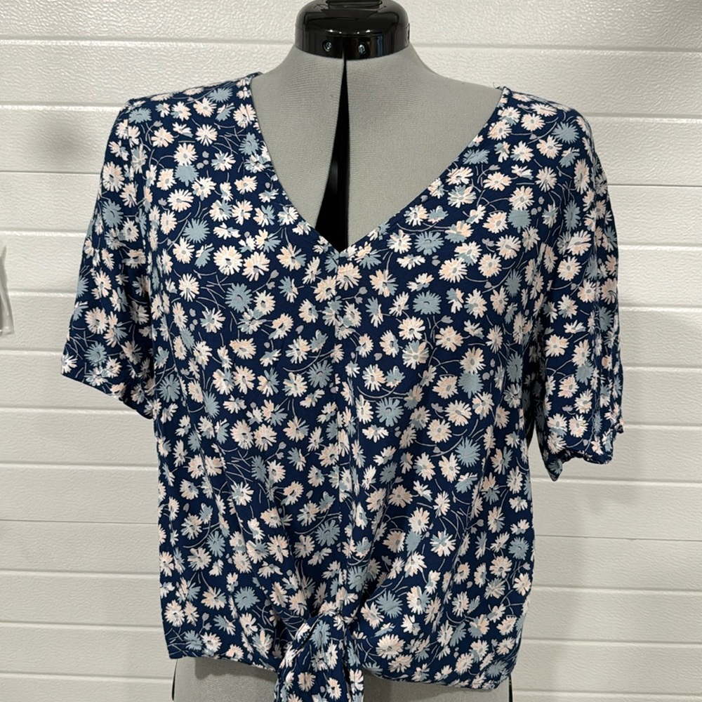 Madewell Novel Tie-Front Top French Floral Navy V-Neck Short Sleeve XL